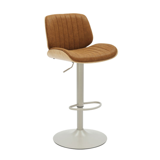 Brock - Adjustable Swivel Curved Back Wood Bar Stool With Faux Leather Seat