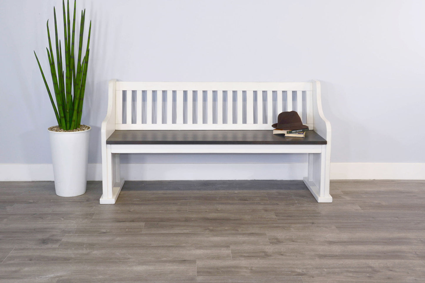 Carriage House - Slat Back Bench - Cottage White / Europen Dark