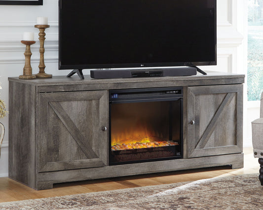 Wynnlow - 63" TV Stand With Glass/Stone Fireplace Insert - Gray