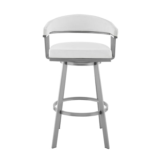 Bronson - 25" Counter Height Swivel Bar Stool - Silver Finish And White Faux Leather