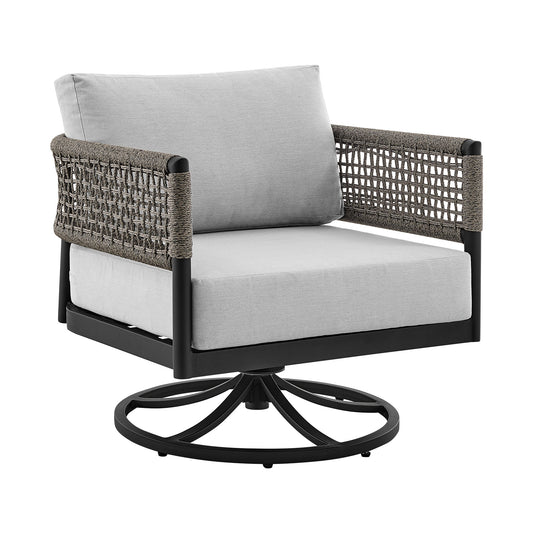 Felicia - And Argiope 3 Piece Patio Outdoor Swivel Seating Set - Black Aluminum With Gray Rope And Cushions