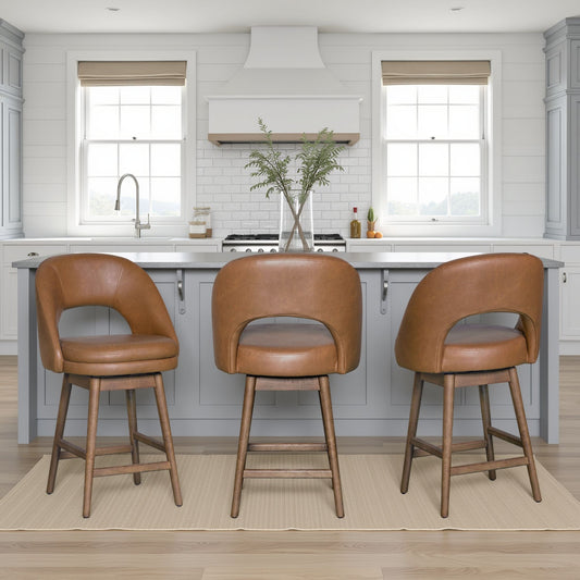 Adrian - 28.5" Mid-Century Modern Swivel Rubberwood Counter Or Bar Height Barstool With Faux Leather Seat - Toffee