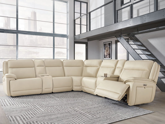 Double Deal - 7-Piece Power Reclining Sectional With 2 Consoles - Almond