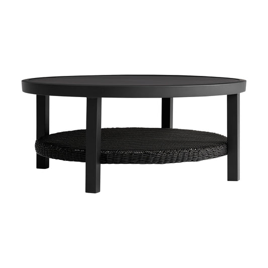 Grand - Aluminum Outdoor Round Conversation Table With Wicker Shelf - Black