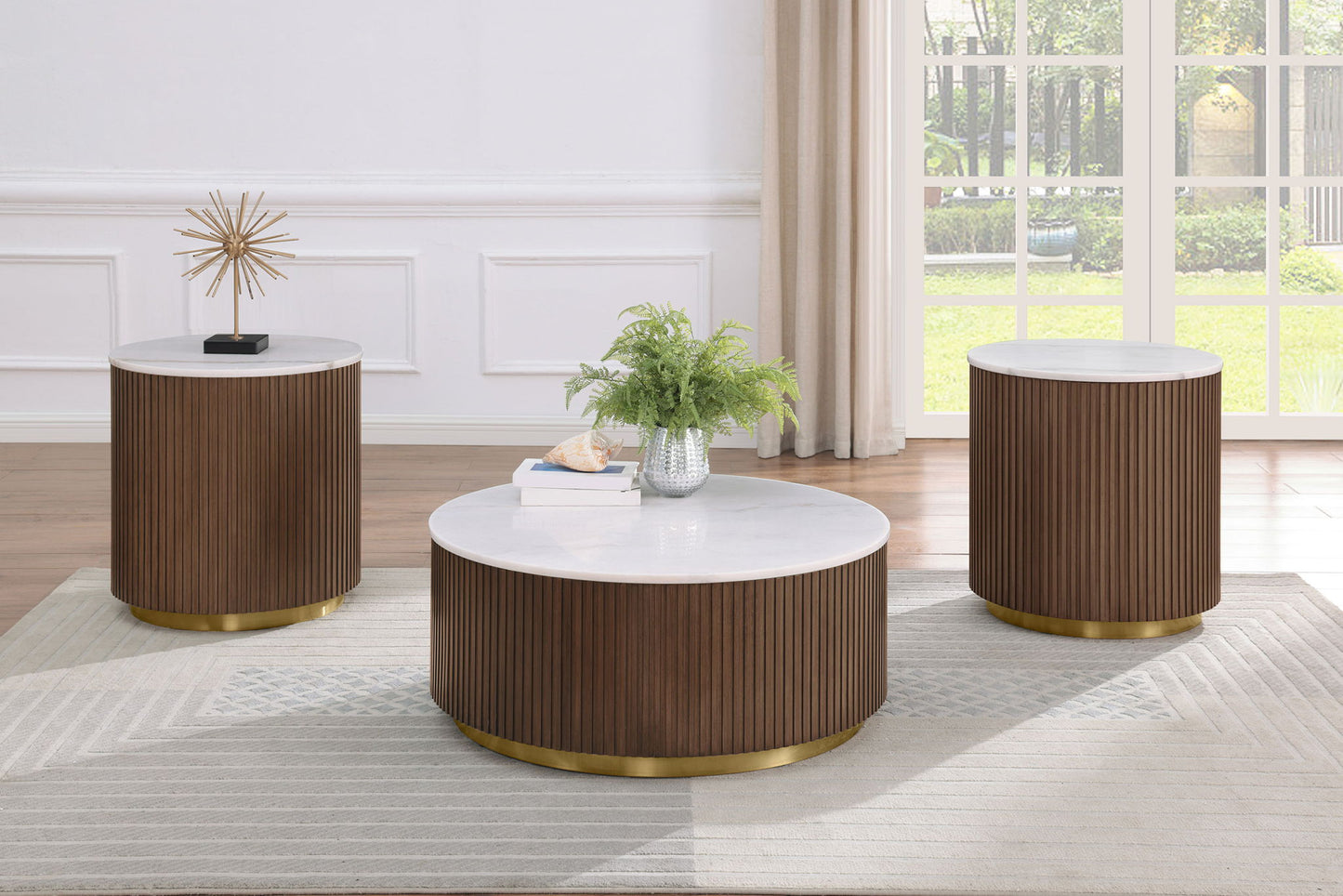 Jason Round White Marble Top Side End Table Honey Brown