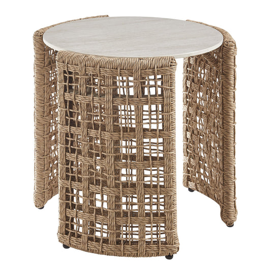 Driftbay - Rattan Round Outdoor Side Table With Sintered Stone Table Top - Natural