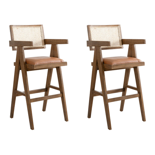 Harley - Nutmeg Brown Solid Wood And Rattan Upholstered 30" Bar Height Barstool