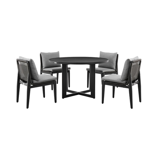 Cayman - Outdoor Patio 5-Piece Round Dining Table Set In Aluminum With Gray Cushions