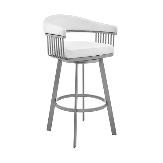 Bronson - 25" Counter Height Swivel Bar Stool - Silver Finish And White Faux Leather