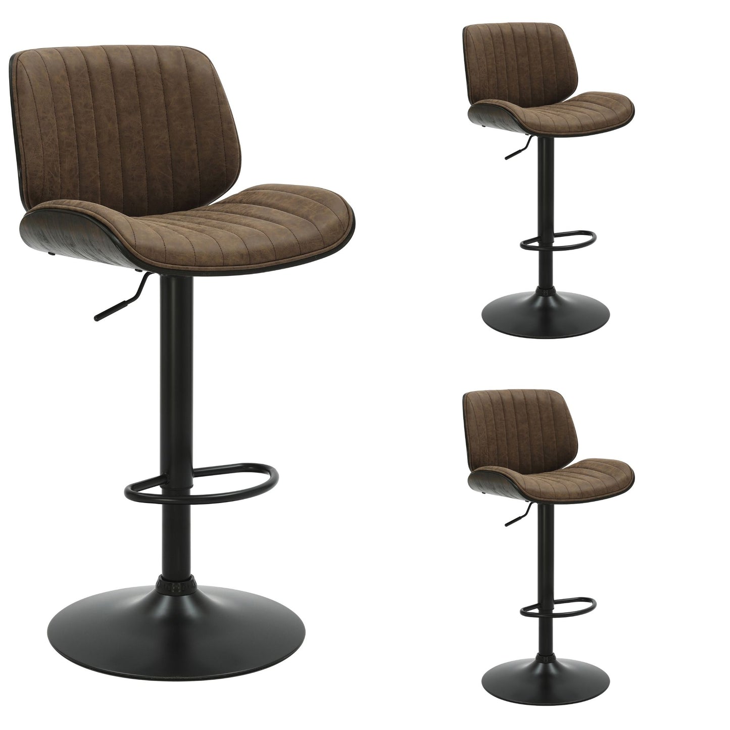 Brock - Adjustable Swivel Curved Back Wood Bar Stool With Faux Leather Seat