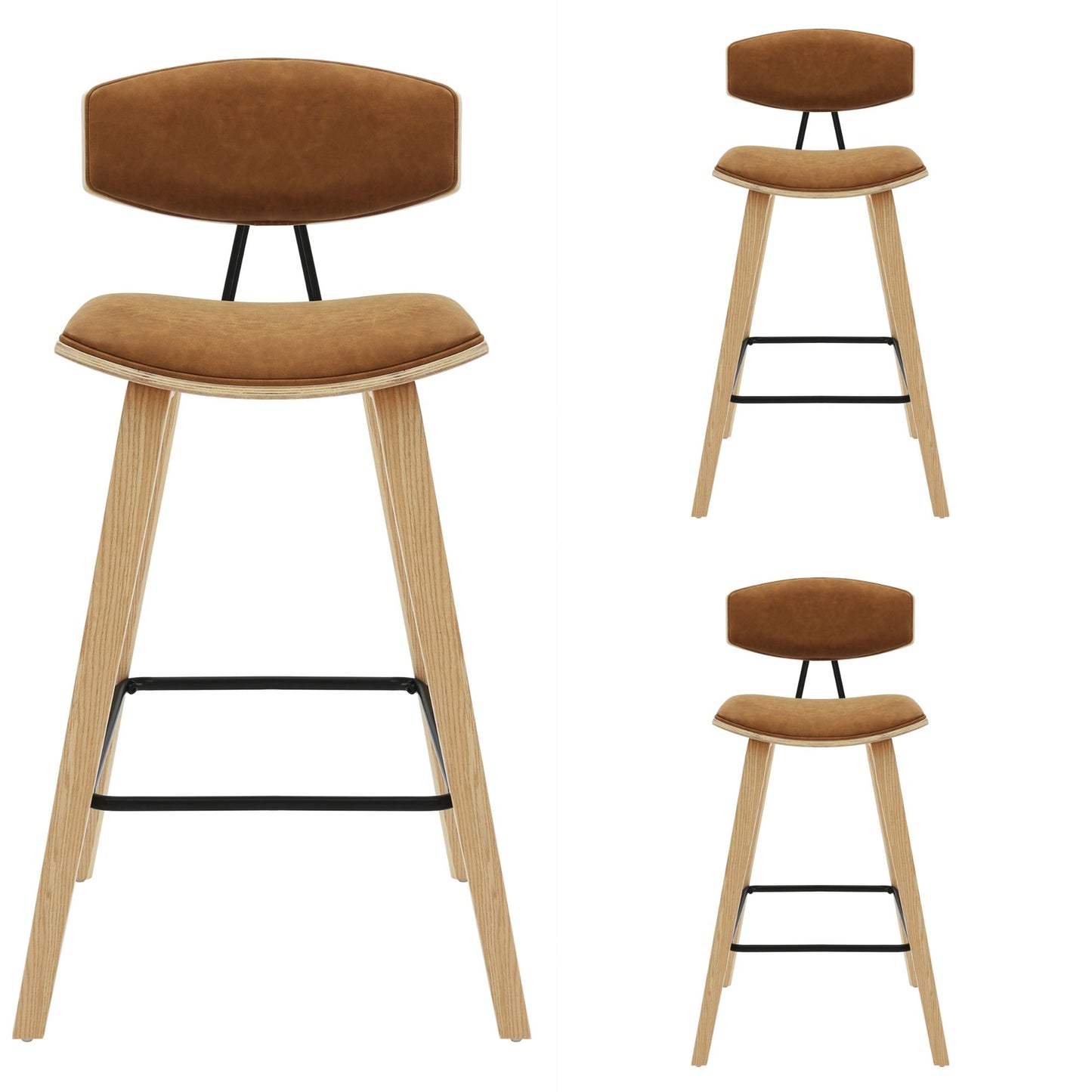 Fox - Counter Height Curved Back Wood Bar Stool With Faux Leather Seat
