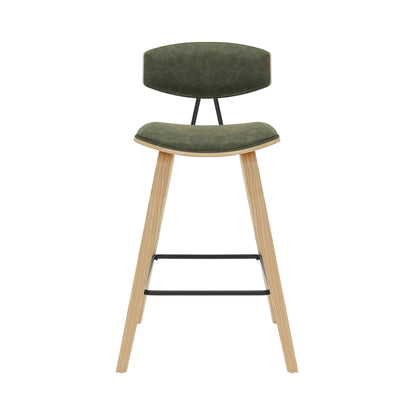 Fox - Counter Height Curved Back Wood Bar Stool With Faux Leather Seat