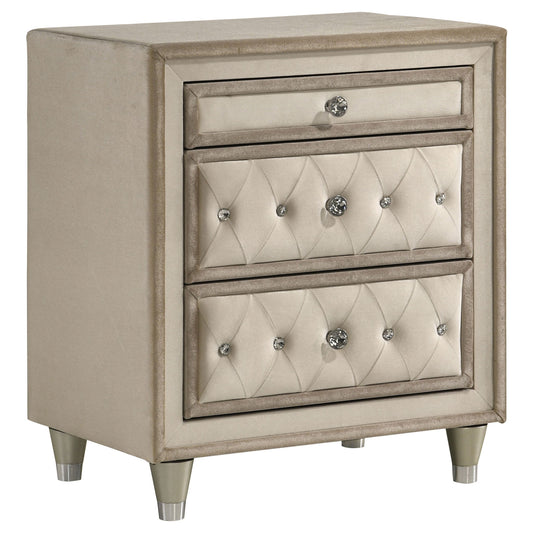 Antonella Upholstered 3-drawer Nightstand Ivory and Camel