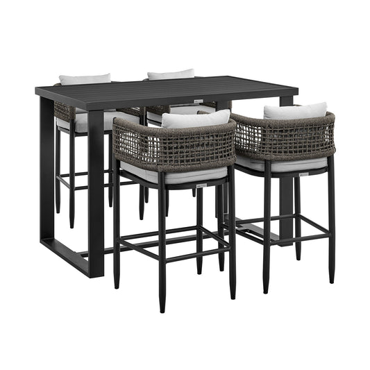Alegria - Outdoor Patio 5-Piece Bar Table Set In Aluminum With Gray Rope And Cushions