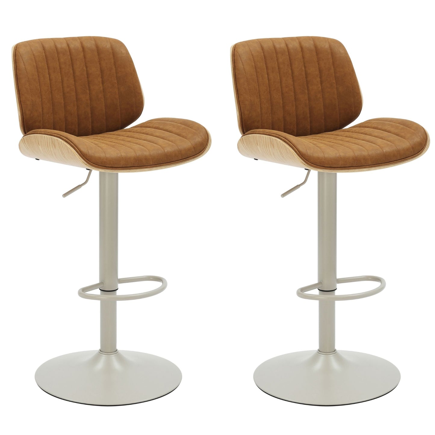 Brock - Adjustable Swivel Curved Back Wood Bar Stool With Faux Leather Seat