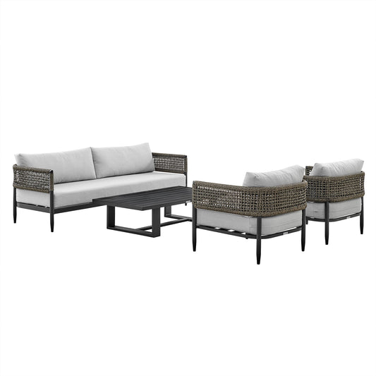 Felicia - 4 Piece Outdoor Aluminum & Rope Conversation Set With Fabric Cushions - Light Gray / Black