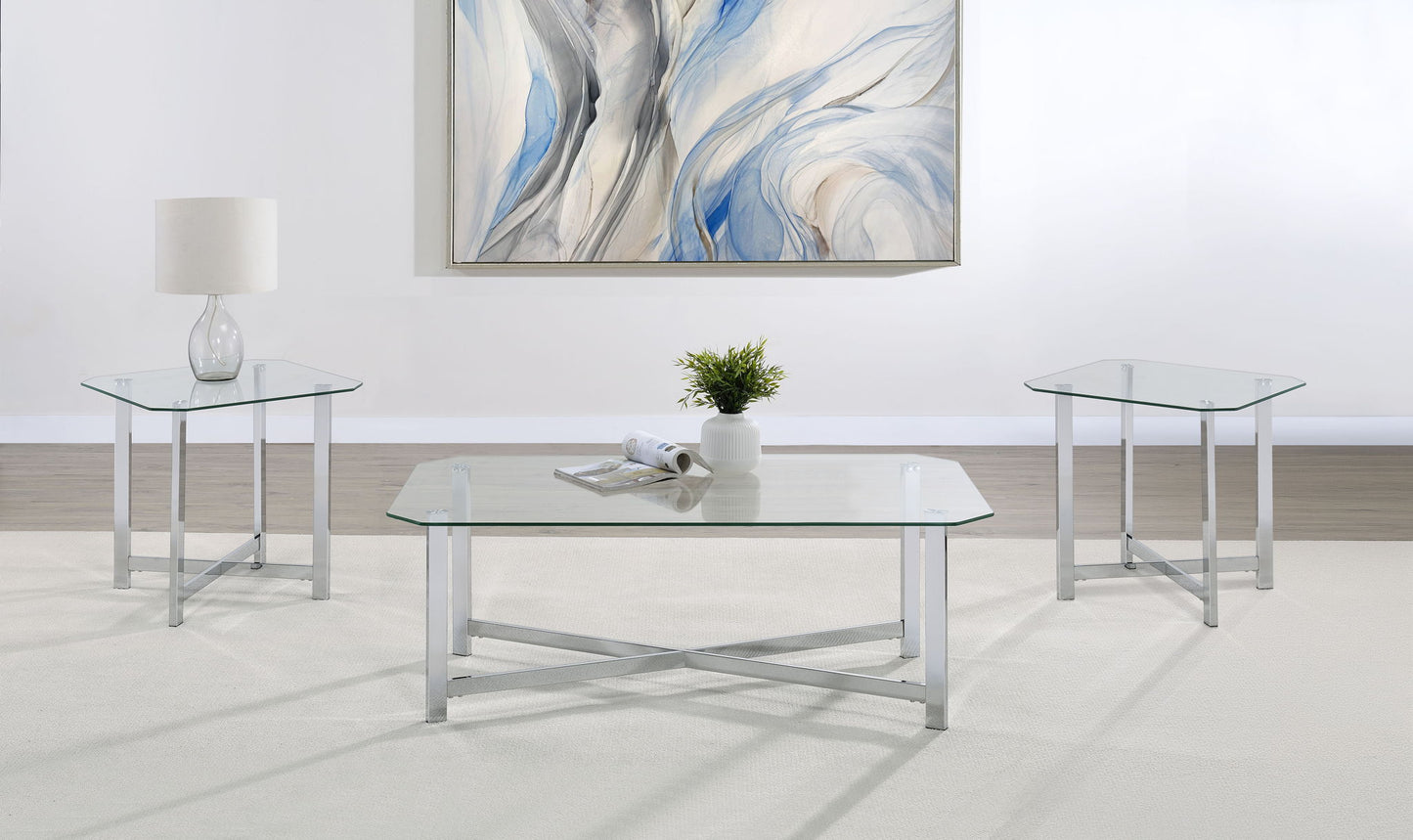 Cronin 3-piece Tempered Glass Top Coffee Table Set Chrome