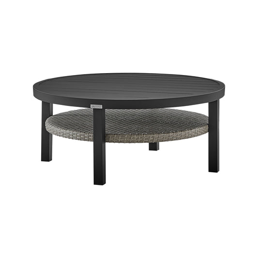Aileen - Outdoor Patio Round Coffee Table - Black Aluminum With Gray Wicker Shelf