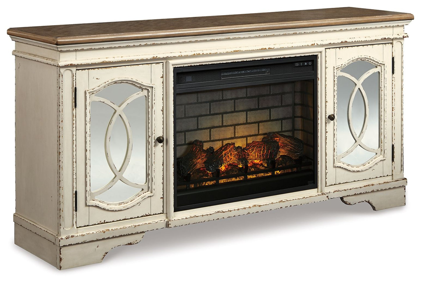 Realyn - 2 Pc. - 74" TV Stand With Electric Infrared Fireplace Insert - Chipped White
