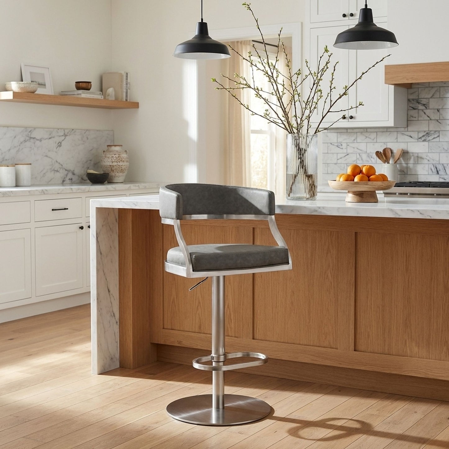 Callie - Swivel Metal Adjustable Height Barstool With Faux Leather Seat - Silver Finish