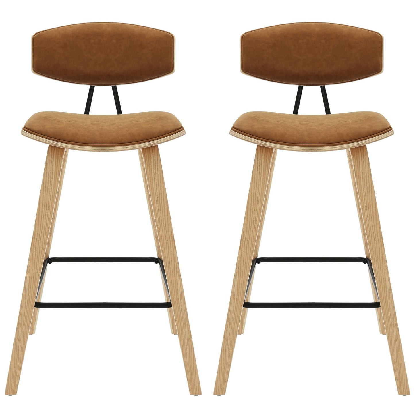 Fox - Counter Height Curved Back Wood Bar Stool With Faux Leather Seat