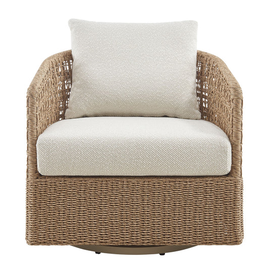 Driftbay - Metal Outdoor Swivel Lounge Chair With Cushions - Boucle White / Natural