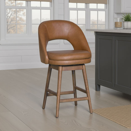 Adrian - 28.5" Mid-Century Modern Swivel Rubberwood Counter Or Bar Height Barstool With Faux Leather Seat - Toffee