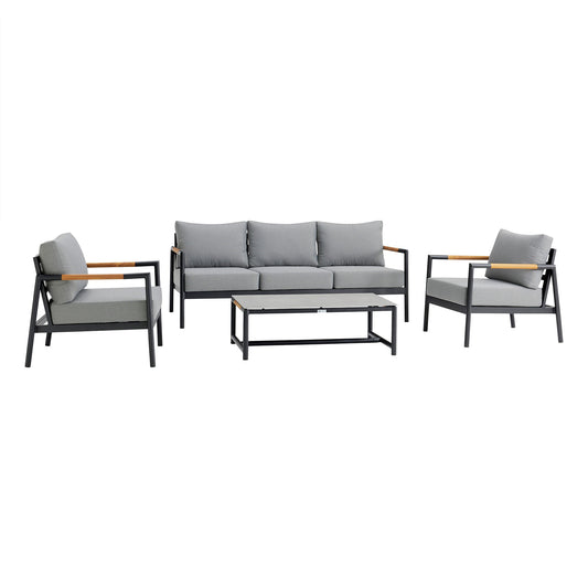 Royal - 4 Piece Aluminum And Teak Outdoor Seating Set With Cushions - Black / Dark Gray