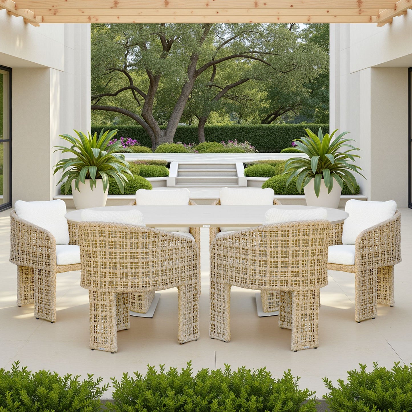 Driftbay - 7-Piece Coastal Rope Outdoor Dining Set - White / Natural