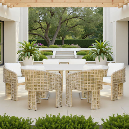 Driftbay - 7-Piece Coastal Rope Outdoor Dining Set - White / Natural