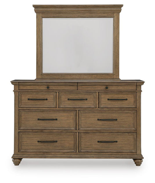Karallin - 3 Pc. - Queen Panel Storage Bed, Dresser And Mirror - Medium Brown