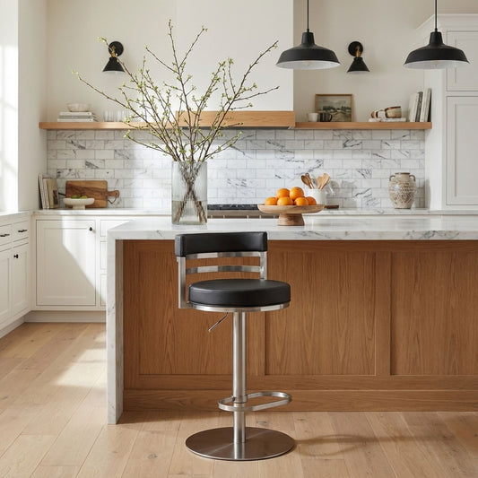 Judi - Modern Industrial Swivel Metal Adjustable Height Barstool With Faux Leather Seat - Silver Finish