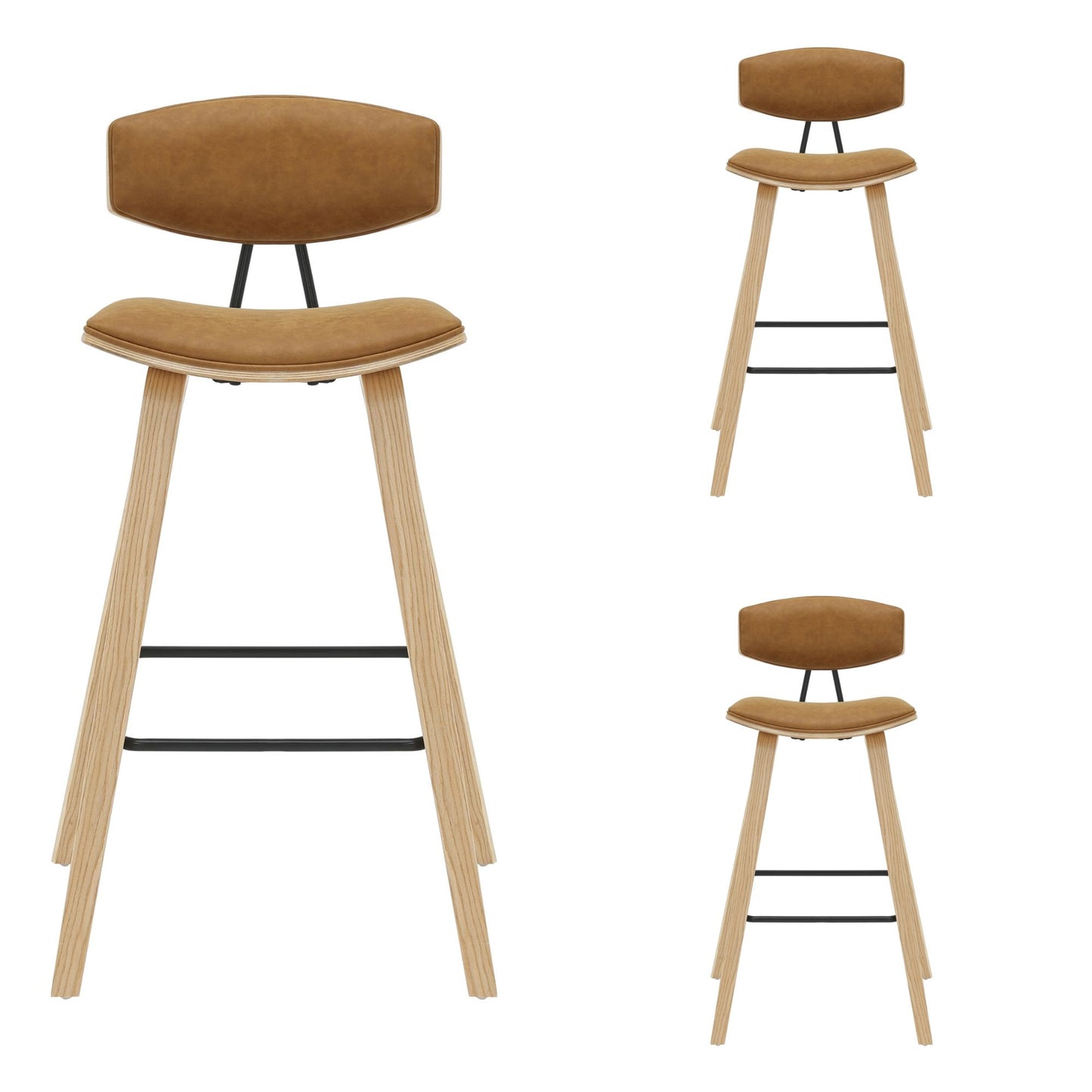 Fox - Bar Height Curved Back Wood Bar Stool With Faux Leather Seat