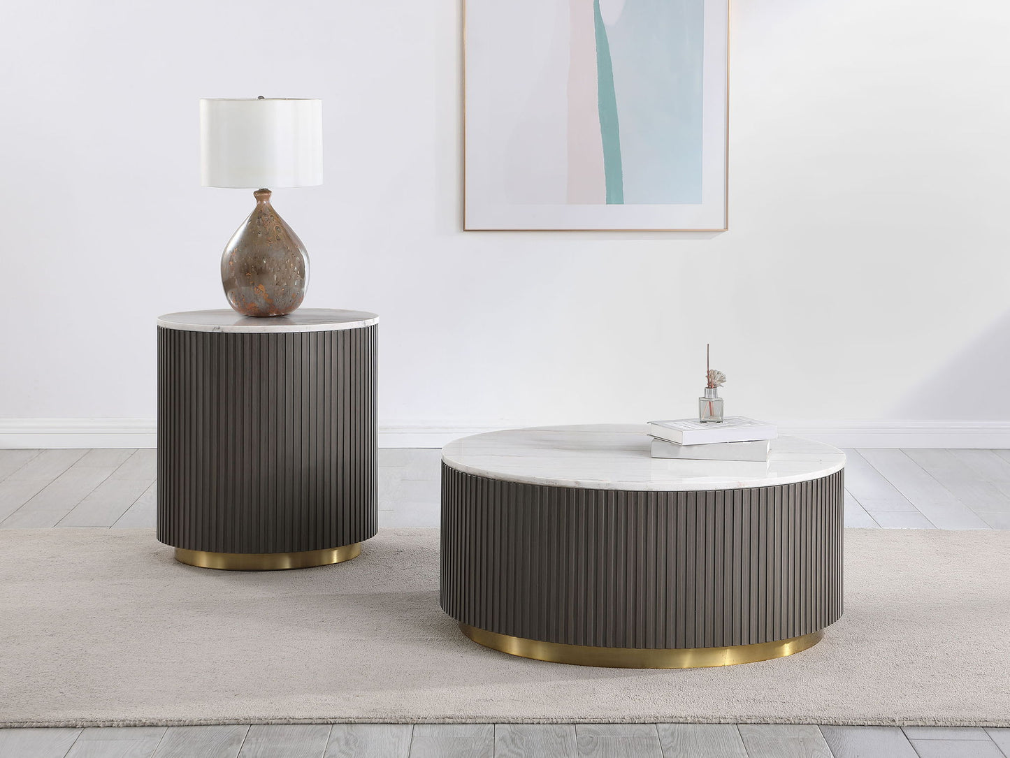 Jason 2-piece Round White Marble Coffee Table Set Charcoal
