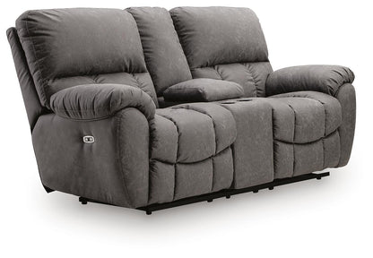 Bakerstein - Power Reclining Loveseat/Console/Adjustable Headrest - Galaxy