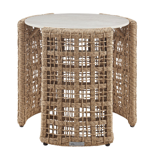 Driftbay - Rattan Round Outdoor Side Table With Sintered Stone Table Top - Natural