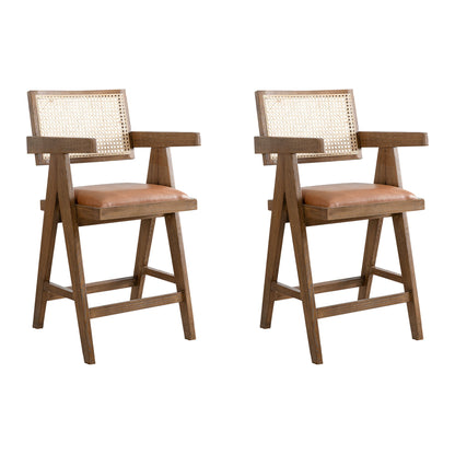 Harley - Nutmeg Brown Solid Wood And Rattan Upholstered 26" Counter Height Barstool