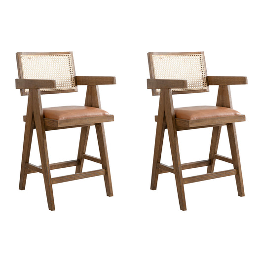 Harley - Nutmeg Brown Solid Wood And Rattan Upholstered 26" Counter Height Barstool