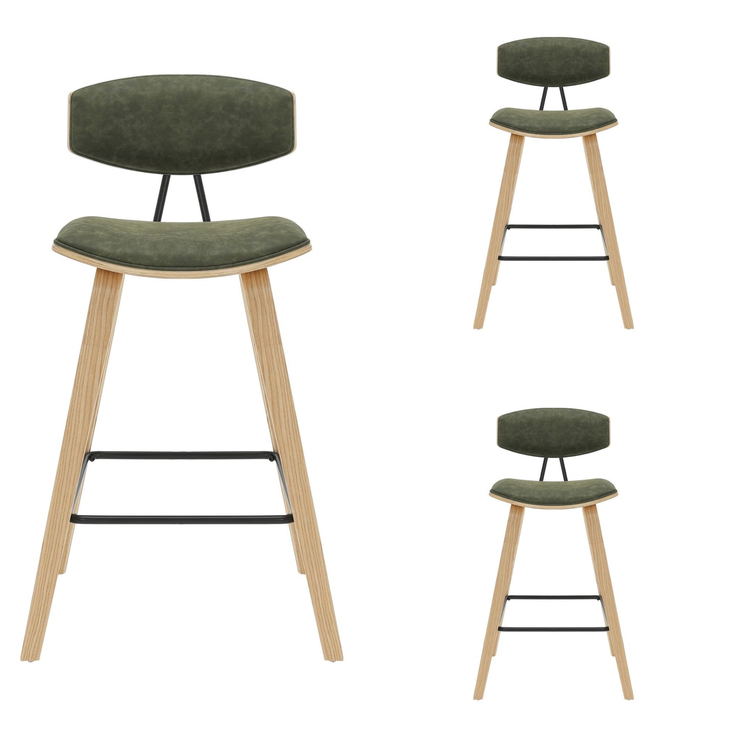 Fox - Counter Height Curved Back Wood Bar Stool With Faux Leather Seat