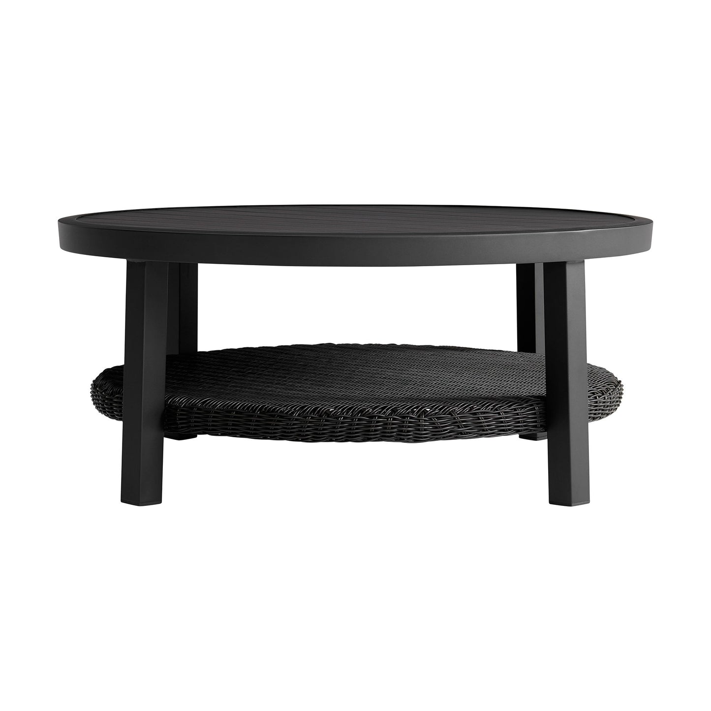 Grand - Aluminum Outdoor Round Conversation Table With Wicker Shelf - Black