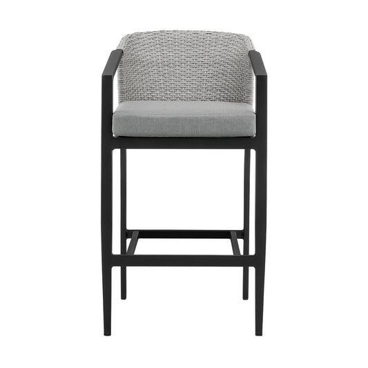 Palma - Outdoor Patio Bar Stool In Aluminum And Wicker With Gray Cushions