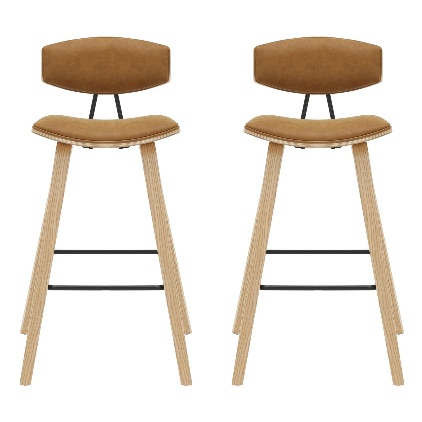 Fox - Bar Height Curved Back Wood Bar Stool With Faux Leather Seat
