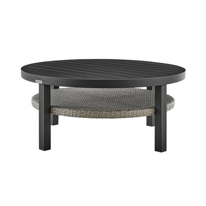 Aileen - Outdoor Patio Round Coffee Table - Black Aluminum With Gray Wicker Shelf