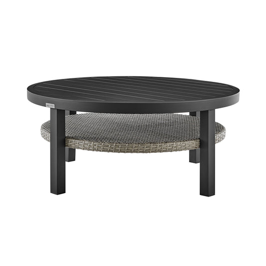 Aileen - Outdoor Patio Round Coffee Table - Black Aluminum With Gray Wicker Shelf