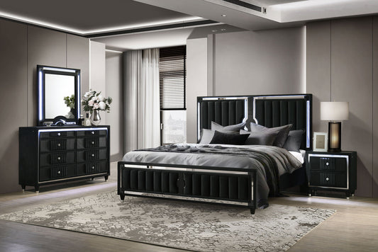 Ravenne 4-piece Velvet Upholstered Queen LED Bedroom Set Black