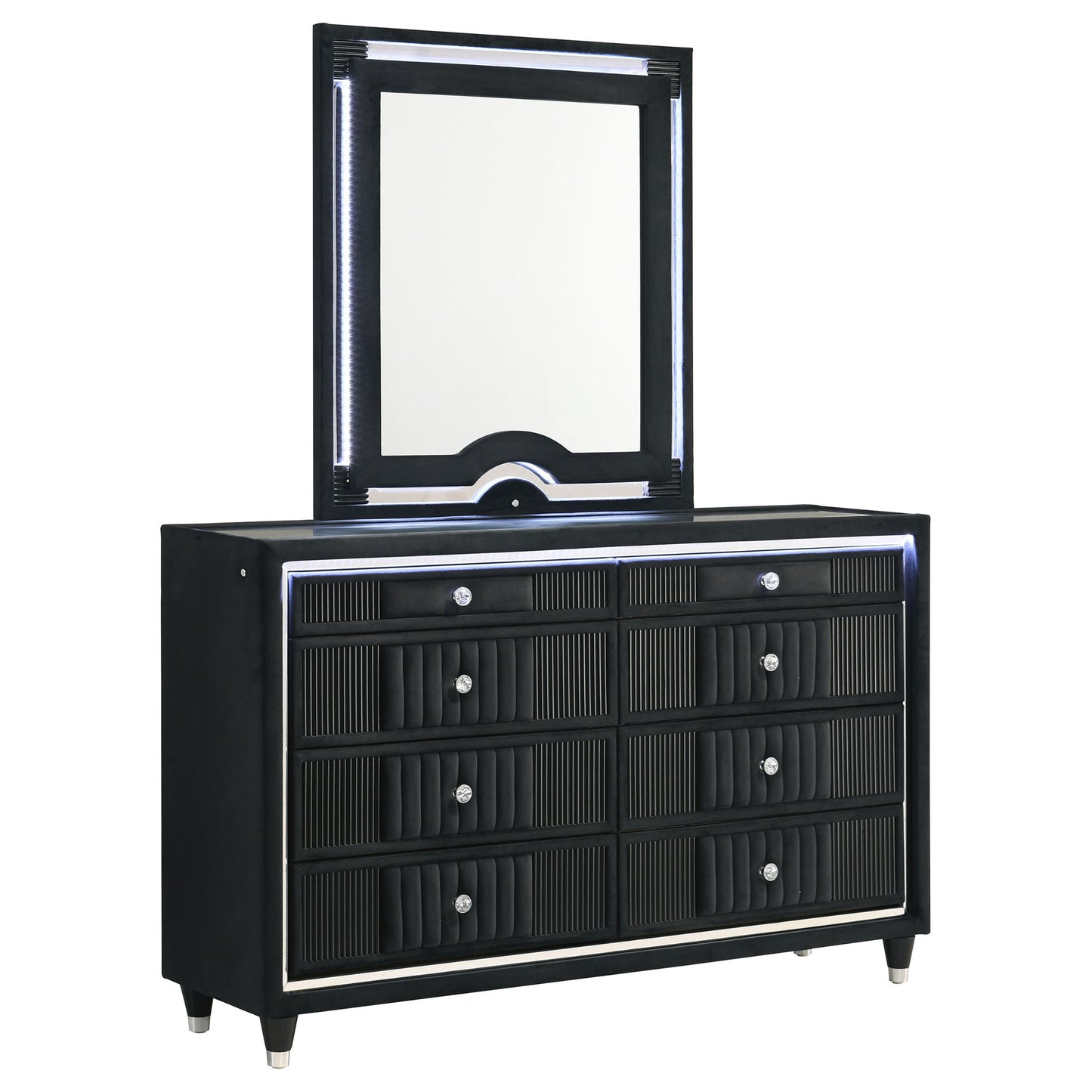 Ravenne 6-drawer Velvet Upholstered LED Dresser and Mirror Black