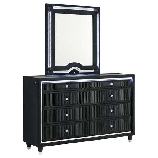 Ravenne 6-drawer Velvet Upholstered LED Dresser and Mirror Black