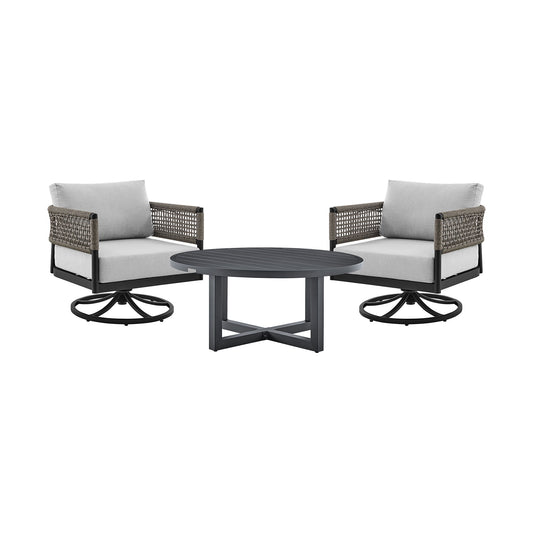 Felicia - And Argiope 3 Piece Patio Outdoor Swivel Seating Set - Black Aluminum With Gray Rope And Cushions