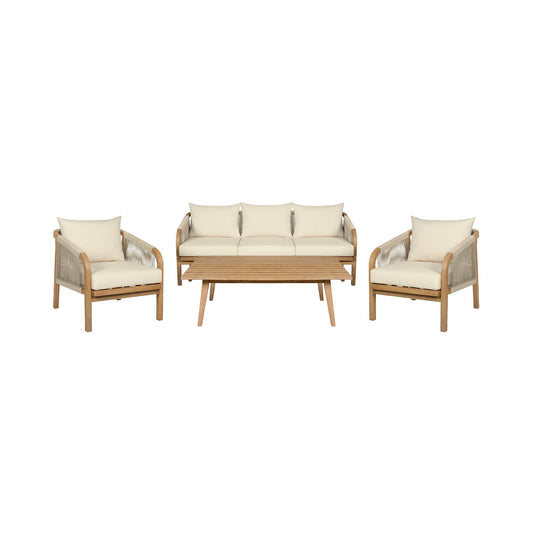Cypress - 4 Piece Outdoor Patio Conversation Set - Blonde Eucalyptus / Ivory